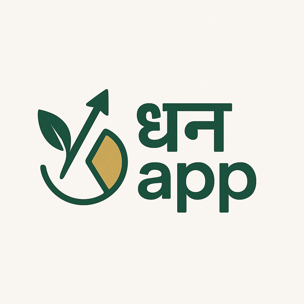 Dhanapp logo mark featuring a stylized gold rupee symbol inside a rounded square, set against a soft green background, conveying a modern and optimistic financial vibe